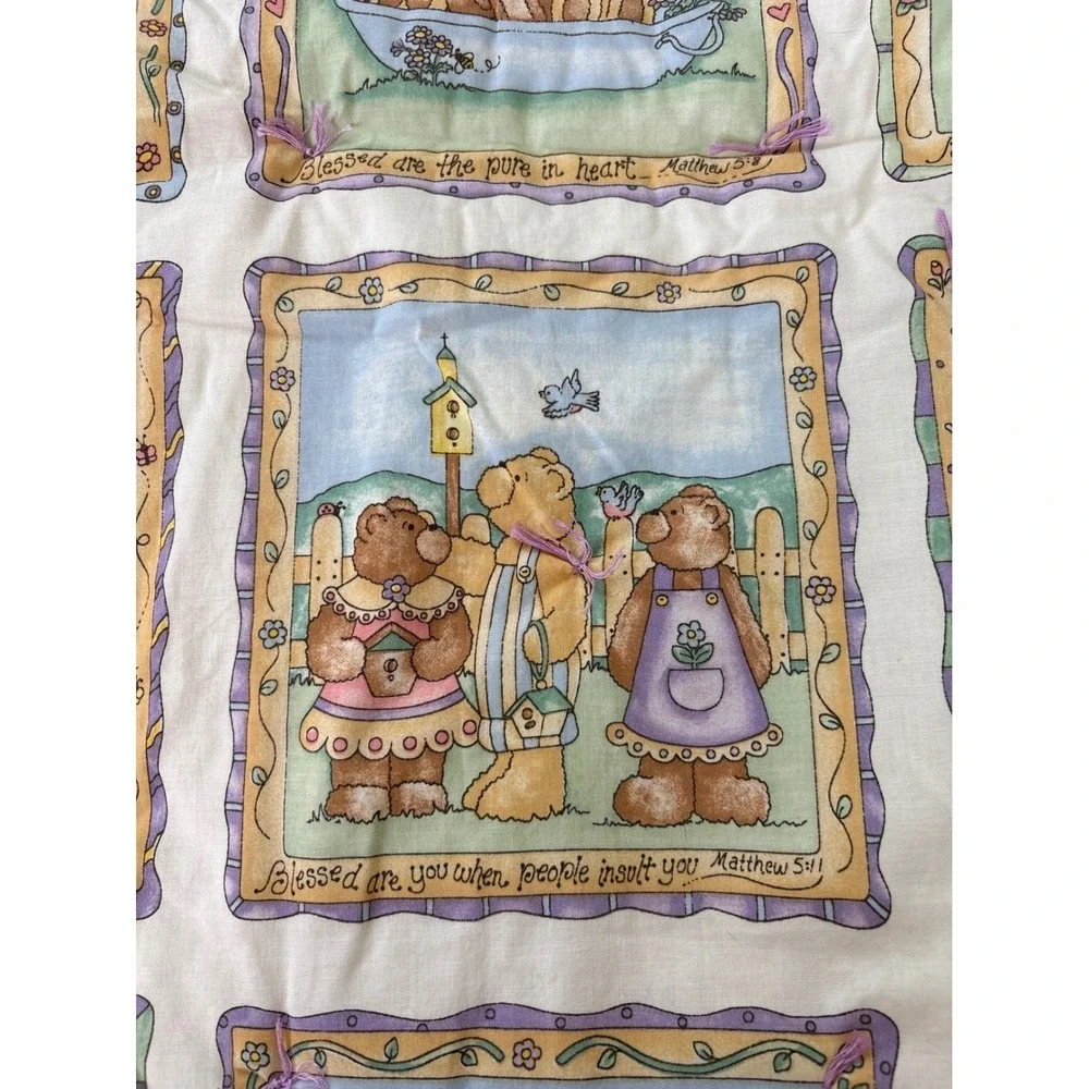 Vtg Teddy Bear Bearitudes Quilt Blanket Pastel Cottagecore Religious 42x58.5
